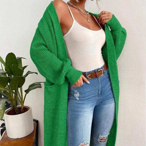 Green Preppy Womens Double Pocket Drop Shoulder Duster Cardigan - Picture 5 of 5